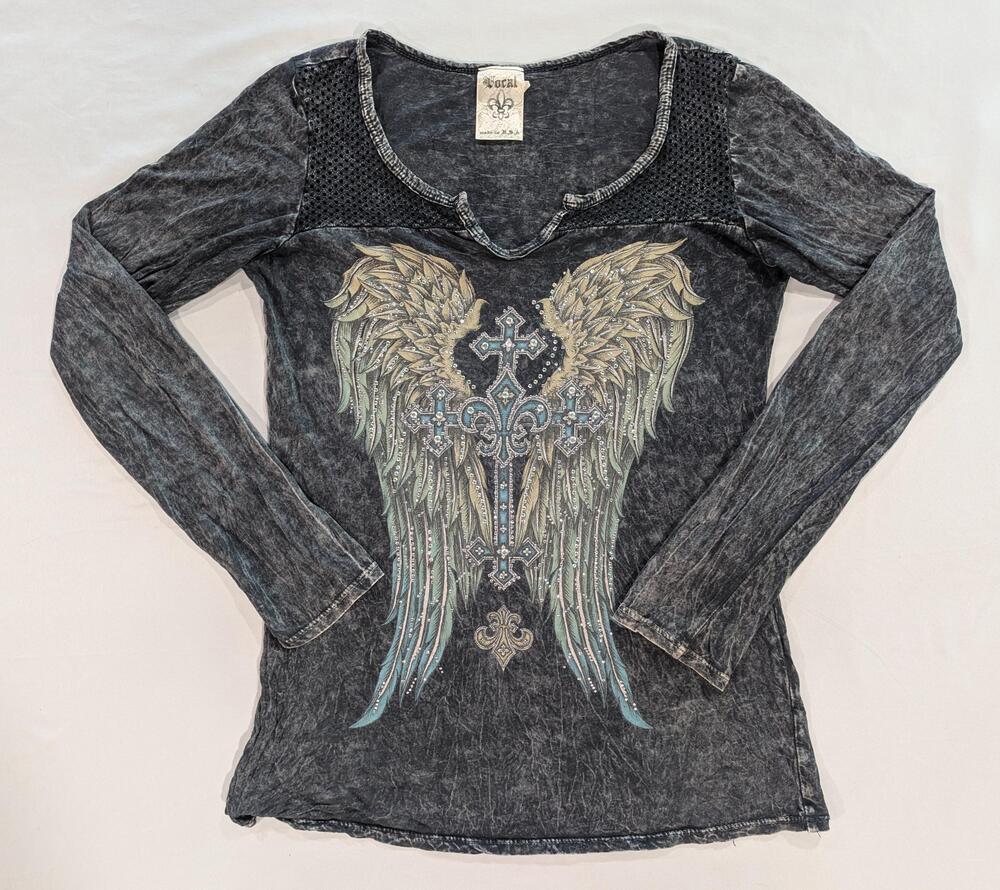 Vocal Shirt Womens M Gray Angel Wing Cross Rhinestone Long Sleeve Graphic Tunic